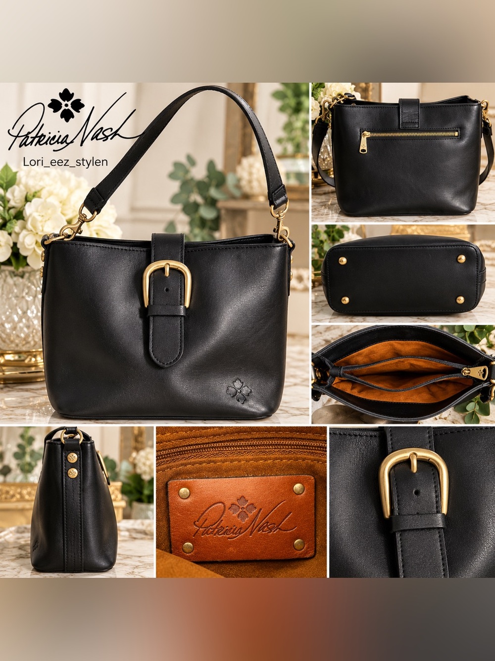 Patricia Nash Black Leather Shoulder Bag with Gold Buckle